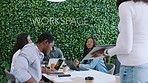 Presentation, meeting and business black people in digital marketing strategy for career, company or creative branding, design and kpi. Teamwork, workspace management and african woman startup ideas