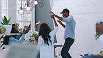 Business high five, team manager dance and people celebrate success, winner and target goal for startup presentation on whiteboard. Leadership, mentor or speaker and black people dancing in office
