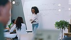 Data analytics, presentation or black woman with tablet in meeting for innovation planning, creative research or marketing KPI. Digital agency, startup or team for strategy, web design or app review