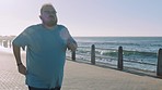 Fitness, beach and plus size man running on path, weight goals, training and summer workout. Exercise, health and wellness, runner with motivation and focus for growth fat loss and healthy lifestyle.