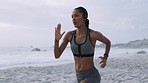 Fitness, motivation or black woman running on beach sand for training, exercise or wellness workout in Brazil. Health, sports or athlete girl runner for marathon, race or sport challenge event

