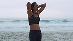 Woman, breath or tired on beach running, workout or training in cardiology wellness, healthcare or marathon fitness. Exhausted, fatigue or sports runner by ocean, sunset sea or sunrise in slow motion