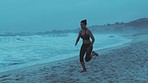 Beach, sand and fitness, woman running and training for marathon race in morning workout. Motivation, freedom and health goals, exercise at ocean for runner girl with focus, speed and mental wellness
