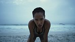 Beach fitness, tired and face of a woman breathing after running, cardio workout and morning exercise in New Zealand. Breathe, relax and portrait of an athlete resting after training at the sea
