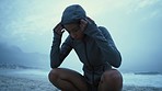 Runner, fitness and breathe with woman on beach for running, exercise and body training, wellness with ocean waves. Relax after run, cardio with endurance and breathing fresh sea air and mockup.