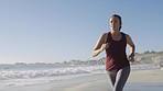 Beach, running and woman with  lose weight, fitness challenge and workout goals in nature, blue sky and ocean waves. Speed, power and body of a runner with sports exercise, cardio and training by sea