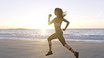Woman runner, speed and beach training in summer sunshine for health, fitness and outdoor workout. Ocean girl, running and healthy body for fast exercise, waves and sea with focus, goal and vision