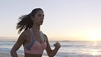 Running, fitness and woman on beach for run, exercise with cardio outdoor in nature, sea and waves with workout. Athlete, sports and runner, training for marathon and health motivation and mockup.