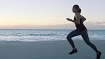 Running, runner and woman on beach for fitness, speed and energy with workout outdoor by the ocean. Athlete, run and fresh sea air with cardio, endurance and strong, body training and marathon mockup