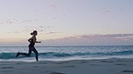 Woman, fitness or running on sunset beach workout, training or exercise in healthcare wellness, marathon or body cardiology. Runner, sports athlete or sprinter by ocean, nature sea or sunrise water