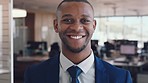 African businessman, office portrait and focus for success, vision and target in marketing company. Corporate black man, happy and face at modern office for innovation, motivation or goals in Chicago