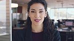 Business woman, face and smile, corporate employee and workplace, happy with success and job satisfaction. Professional portrait, mockup and company headshot at modern office with positive worker.