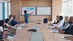 Black woman, business leader and presentation in office boardroom for meeting collaboration, training and digital marketing report planning. Leadership, ceo african woman and corporate conference