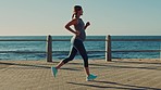 Pregnancy fitness, sea running and pregnant woman doing sport, workout and exercise outdoor. Pregnant, mother training and woman doing sports, cardio and athlete performance in the morning happy