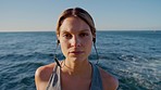 Face, fitness or pregnant woman at a beach to relax after running training, workout or exercise in Brazil. Pregnancy, portrait or healthy runner resting on a break or streaming radio music or podcast
