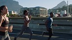Cape Town, city and friends running for fitness exercise, summer runner workout and cardiovascular health together. Healthy people, training for marathon or sports wellness race in town or commitment