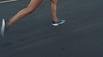 Running, shoes and woman fitness sneakers of marathon training and exercise on a road. Speed, steps and sports workout for health and wellness with runner energy progress and athlete cardio outdoor