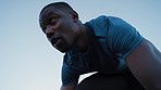 Black man runner, mark and start race for contest, fitness and exercise from low angle for training. African man, balance and ready for competition, wellness and sports for speed development in Kenya