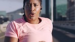 Running, music and fitness with overweight woman for losing weight, challenge and cardio endurance. Weight loss, motivation and streaming with plus size runner in city for health, wellness or stamina
