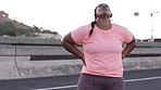 Fitness, exercise and black woman on break in city after running, cardio or workout. Weight loss, sports and tired, fatigue or plus size female in town, street or road resting after training outdoors