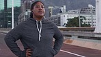 Fitness, tired or plus size black woman breathing for energy recovery in running exercise or cardio training. Breathe, obese or overweight runner walking with fatigue resting or relaxing on city road