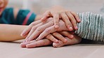 Child, senior woman and holding hands for support, love and care, quality time or bonding together. Elderly person, grandmother and family kindness or gratitude for helping hands in retirement home
