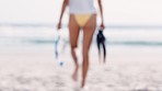 Diving gear, beach and hands of woman ready for adventure, freedom and explore ocean water in summer. Scuba diving, traveling lifestyle and back of girl walking on beach sand with snorkel equipment