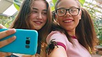 Tarantula, girls and friends with phone selfie outdoor with a smile, happiness and friendship. Happy, mobile and 5g wifi picture with technology for social media online with internet smiling 