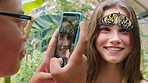 Butterfly, phone photo and girl smile with insect at a animal sanctuary, zoo of butterflies conservatory. Couple of friends with insects posing for social media, web and social network app picture 