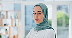 Creative muslim woman, face and smile in hijab with vision, career ambition or focus for startup at the office. Portrait of confident islamic woman employee designer smiling with scarf at workplace