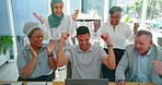 Success, business people and celebration in diversity at laptop for winner, profit and office achievement. Happy group of excited workers celebrate online sale, target goals and surprise announcement