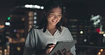 Asian woman, tablet and business in night city for social networking, online management and technology. Happy entrepreneur search digital app in dark urban cityscape for planning, internet and vision