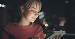 Night, woman and tablet for communication in city 
with internet app, social media or email check. 5g connection of girl on apartment balcony reading news on digital screen with bokeh lights.


