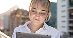 City, tablet and business woman in street on social media, internet browsing or research. Face, tech and happy female employee from Canada with digital touchscreen outdoors for email or web scrolling