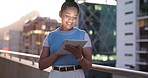 Black woman, tablet and smile on rooftop for digital networking, planning schedule and working on social media app. Happy, gen z girl and streaming or reading communication on tech device on balcony