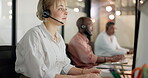 Call center, telemarketing and woman on computer for customer service, consultant and business crm in office. Sales, support and contact us on desktop, telecom consulting and microphone communication