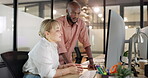 Computer, training and manager with employee at night in office working on project. Coaching, planning and teamwork of man and woman in workplace working late, talking and brainstorming sales ideas.