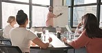 Business leader, presentation and whiteboard for office meeting with team of employees for planning, briefing and talking strategy for growth. Black man speaker with men and women for agenda training