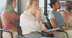 Yawning, tired or women in office presentation, digital marketing training or advertising education for worker branding. Bored, exhausted or fatigue for diversity creative designers in tech workshop