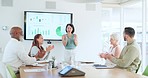 Business people, presentation and applause for finance success, growth and achievement, leader happy about graph with sales, SEO or kpi infographic. Men and women in meeting for performance results