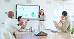 Success, presentation and business people applause in meeting for profit growth, sales target and goal. Strategy, team planning and happy workers clapping hands for finance chart, graphs and analysis
