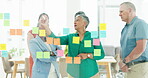 Sticky notes, teamwork and business people working on strategy in office. Collaboration, planning or group of employees with mature female leader writing sales ideas on glass wall in modern workplace