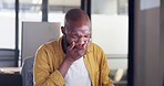 Burnout, tired or black man yawn in office on computer fatigue from planning, research or marketing idea. Exhausted, employee or sleepy businessman at desk work tired, mental health or overworked