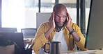 Burnout, headache or black man yawn in office on computer working on planning, research or marketing idea. Stress, employee or sleepy businessman tired with anxiety or confused and depression at desk
