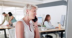 Workspace phone call, business woman or startup HR manager with computer for communication strategy, negotiation and networking. Smartphone, talking and a senior Human Resources worker at her desk