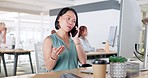 Business woman, phone call and computer desk while taking to contact about CRM notification or reading marketing email on PC. Asian employee happy while networking using online database in office