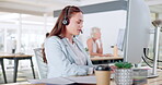 Call center, customer service and woman typing on computer in office. Telemarketing, crm and female consultant, sales agent or telemarketer consulting, talking online and working in company workplace