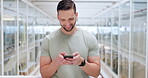 Businessman, typing or phone in modern office on social media app, Portugal web design or digital marketing logo. Smile, happy or creative designer on mobile technology for branding growth management