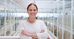 Face, woman and business leader arms crossed, happy and startup company. Portrait, Netherlands female entrepreneur and lady with confidence, leadership and smile for marketing campaign or advertising