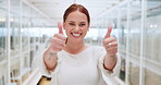 Winner, face and thumbs up of woman in office happy with psychologist career achievement in Canada. Yes, happiness and success of professional mental health worker at clinic with smile portrait.